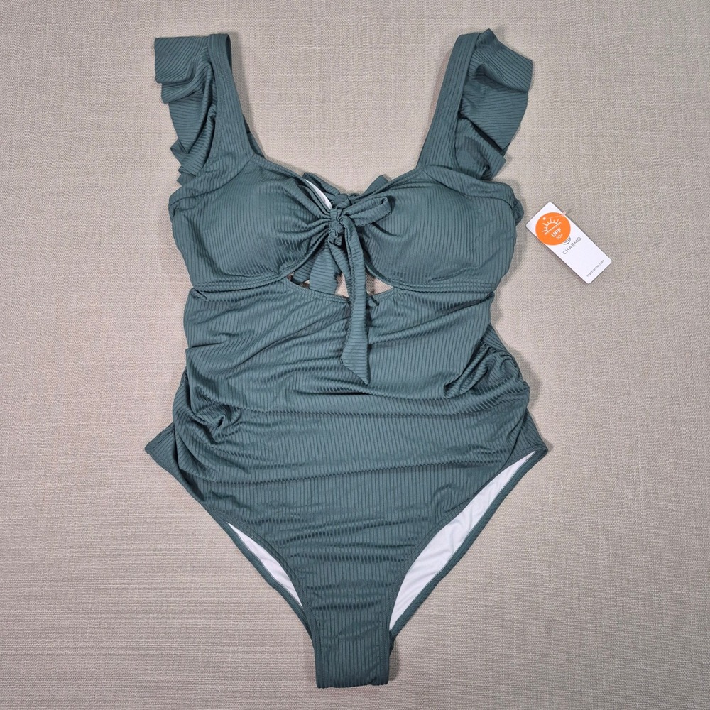 Charmo Maternity One Piece Swimsuit Ribbed Ruffle Tie Front Green Size XL NEW